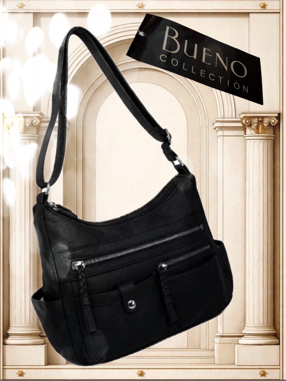 Bueno of California Multi Pocket Crossbody Bag - Black